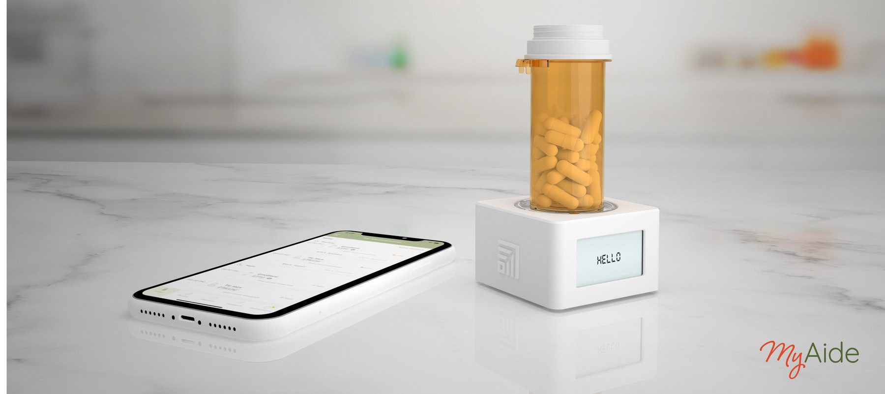MyAide Smart Dock with a pill bottle docked beside the MyAide app
